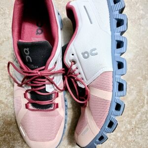 On Running Women's Pink and White Running Shoes